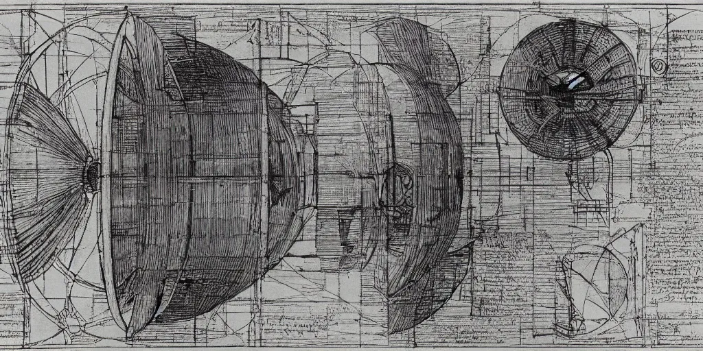 Image similar to leonardo da vinci color intricate full page scan blueprint of an environmental turbine machine, on paper, black ball pen style, :: ultra-detailed technical precision :: mixed media with white and silver lines, realistic composition, point of interest at golden ratio, light from right, more darkness on the bottom, monumentally art composition, high quality of sketching with subtle hairlines, highly detailed rounded forms, inside out and outside in, octane render