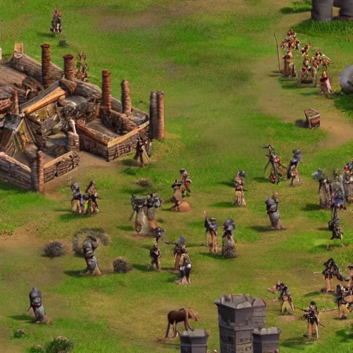 Prompt: a group of giant minions standing near a Town Center in the game Age of Empires