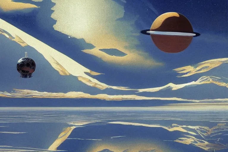 Prompt: a giant metallic floating sphere covered in canadian aboriginal patterns!! hovering above a Yukon lake, (painted by Ralph McQuarrie), matte painting, concept art