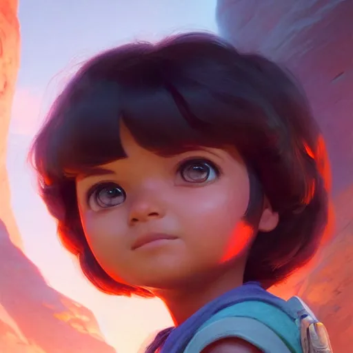 Prompt: dora the explorer, illustrated by greg rutkowski and gaston bussiere, cgsociety contest winner, artstation, portrait image, photorealistic facial features, 4 k, 8 k, volumetric lighting, white backdrop