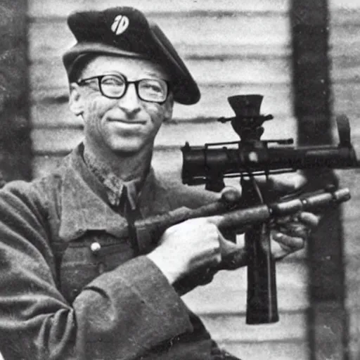 Image similar to old wartime photograph of bill gates holding a lewis gun, 1 9 1 7