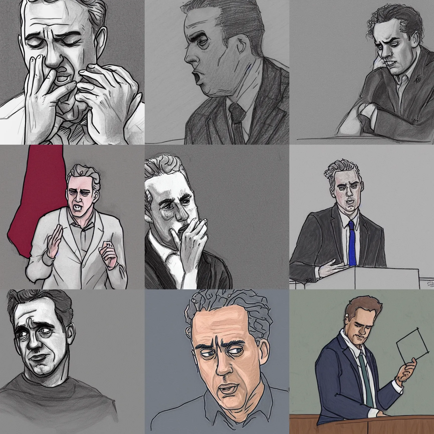 Prompt: jordan peterson crying while giving a college lecture, line sketch