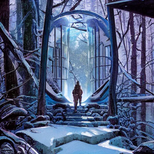 Prompt: stairs leading to a frozen derelict portal in a middle of a snowy lush futuristic forest, lush world seen only through a portal, daylight, cinematic lighting, blue sky, syd mead, john harris
