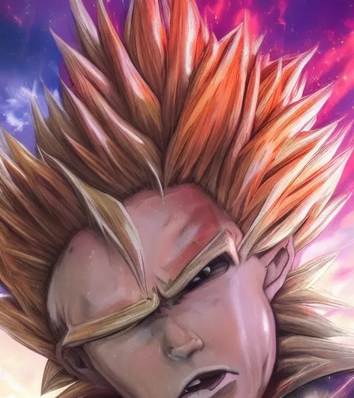 Image similar to award winning 5 5 mm close up portrait color photo of super saiyan trump, in a park by luis royo. anime horror style. soft light. sony a 7 r iv