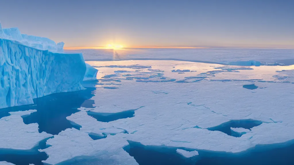 Image similar to photo of the most beautiful panoramic landscape, where a giant iceberg is lost in the frozen artic ocean, a giant polar bear is exhaling steam while walking over the iceberg, the frozen artic ocean is reflecting the giant polar bear and the ray lights of the sunrise are brightening him