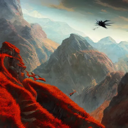 Prompt: red dragon flying in mountain landscape, illustration, epic, fantasy, intricate, hyper detailed, artstation, concept art, smooth, sharp focus, ray tracing, vibrant, photorealistic, rj palmer, rossier, jessica