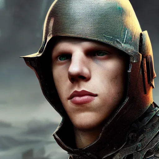 Prompt: jesse eisenberg portrait, dystopia core, apocalyptic, armor, warrior, dramatic, sharp focus, fiction, neon, fantasy, hyper detailed, digital art, trending in artstation, cinematic lighting, studio quality, smooth render, unreal engine 5 rendered, octane rendered, art style and nixeu and wlop and krenz cushart