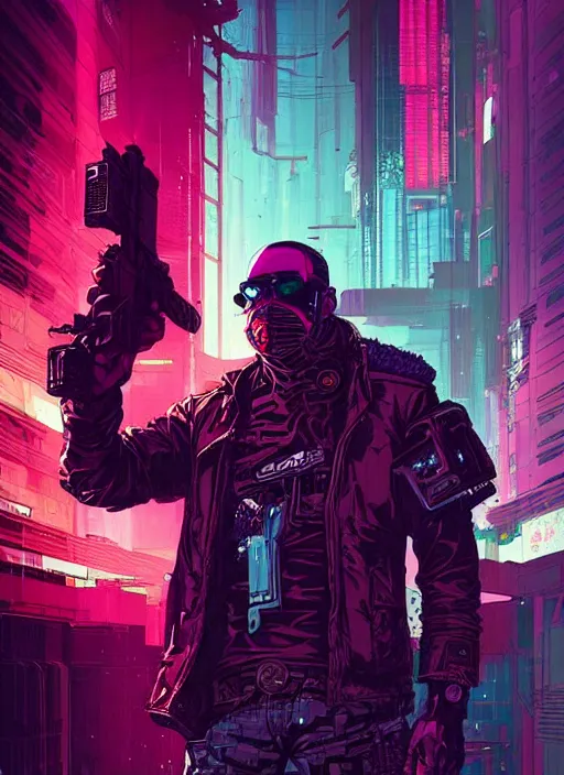 Prompt: cyberpunk cartel enforcer by josan gonzalez splash art graphic design color splash high contrasting art, fantasy, highly detailed, art by greg rutkowski