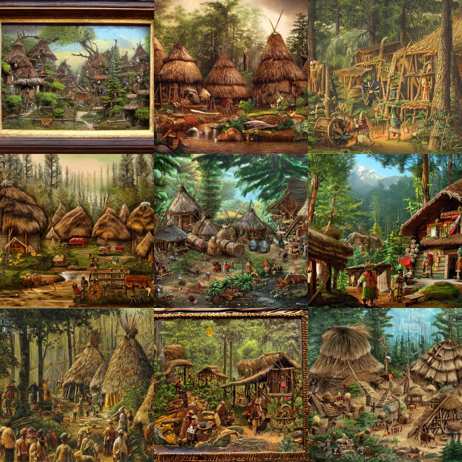Prompt: elaborate dense beautiful scene from a forest native american village
