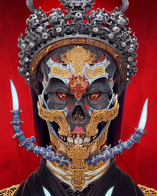 Prompt: portrait of skeleton emperor, glowing demonic energy crown, upper half portrait, decorated with chinese opera motifs, asian, bian lian, traditional chinese art, intricate, elegant, highly detailed, symmetry, digital painting, artstation, concept art, smooth, sharp focus, illustration, art by artgerm and greg rutkowski and alphonse mucha, 8 k