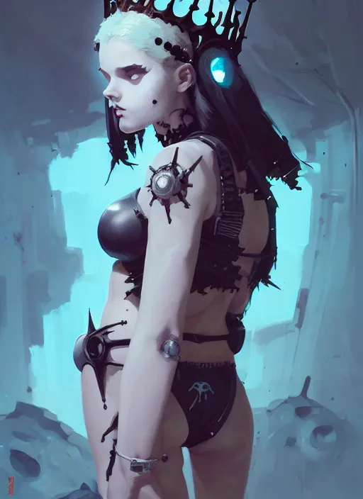 Image similar to portrait of cute goth maiden girl with crown of thorns in cyber bikini armor, warhammer, cyberpunk, by atey ghailan, by greg rutkowski, by greg tocchini, by james gilleard, by joe fenton, by kaethe butcher, dynamic lighting, gradient light blue, brown, blonde cream and white color in scheme, grunge aesthetic