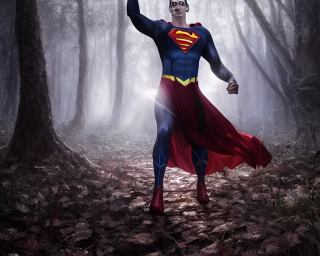 Prompt: 5 5 mm portrait photo of a undead superman in a magical forest. magical atmosphere. art by greg rutkowski and luis royo. highly detailed 8 k. intricate. lifelike. soft light. nikon d 8 5 0.