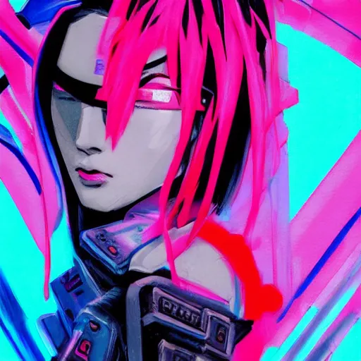 Image similar to stylized japanese girl ninja - cyberpunk, wearing urban techwear, neon lights and armor, painted in acrylic, in the colors hot pink and cyan, beautiful realistic face, spotlight, by greg rutkowski, by jeremy mann, by francoise nielly, by kunio okawara, yoshikazu yasuhiko, in focus, sharp lines