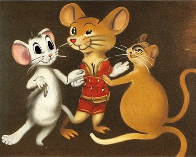 Image similar to a 1 6 0 0 s painting of tom and jerry