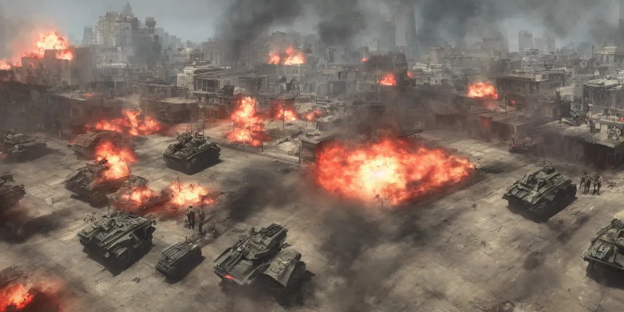 Image similar to tanks burning city, army, crowds of people, banners, volumetric lighting, unreal engine, realistic