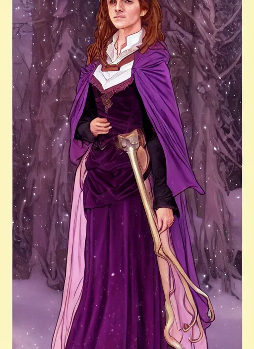 Image similar to hermione! granger! at hogwarts!! at the yule ball wearing pink and purple dress. emma watson. beautiful detailed face. by artgerm and greg rutkowski and alphonse mucha