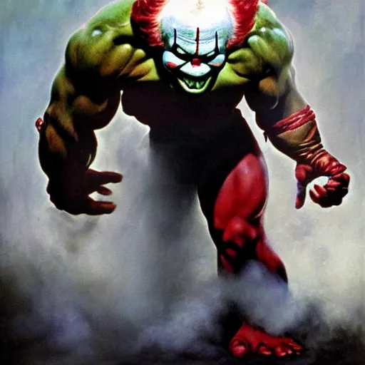 Image similar to frank frazetta the hulk as pennywise, whole body shot, 8 k, realistic, photo real, smooth, sharp, intricate detail, hyper detail, dramatic lighting, dramatic shading