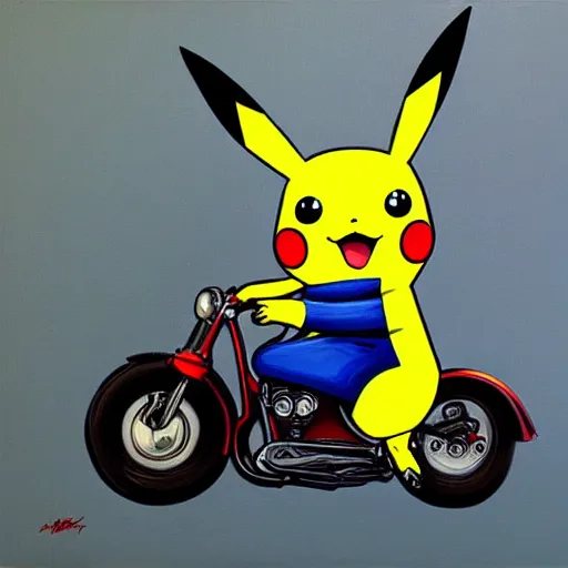 Prompt: pikachu riding motorcycle, nestor canavarro hyperrealist art style, sharp brushstrokes