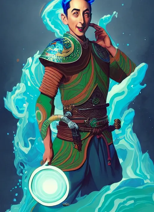 Prompt: style artgerm, joshua middleton, illustration, pee wee herman as a warrior monk wearing green pelt light armor, blue hair, swirling water cosmos, fantasy, dnd, cinematic lighting