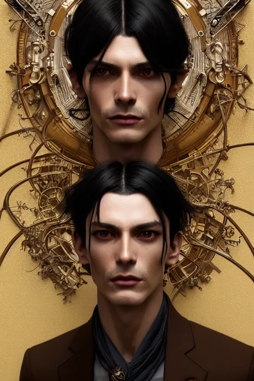 Prompt: ultra realistic, thin man in expensive stylish modern clothes, black hair, brown eyes, occult jewelry, fantasy, intricate details, eerie, highly detailed, octane render, 8 k, art by artgerm and alphonse mucha and greg rutkowski