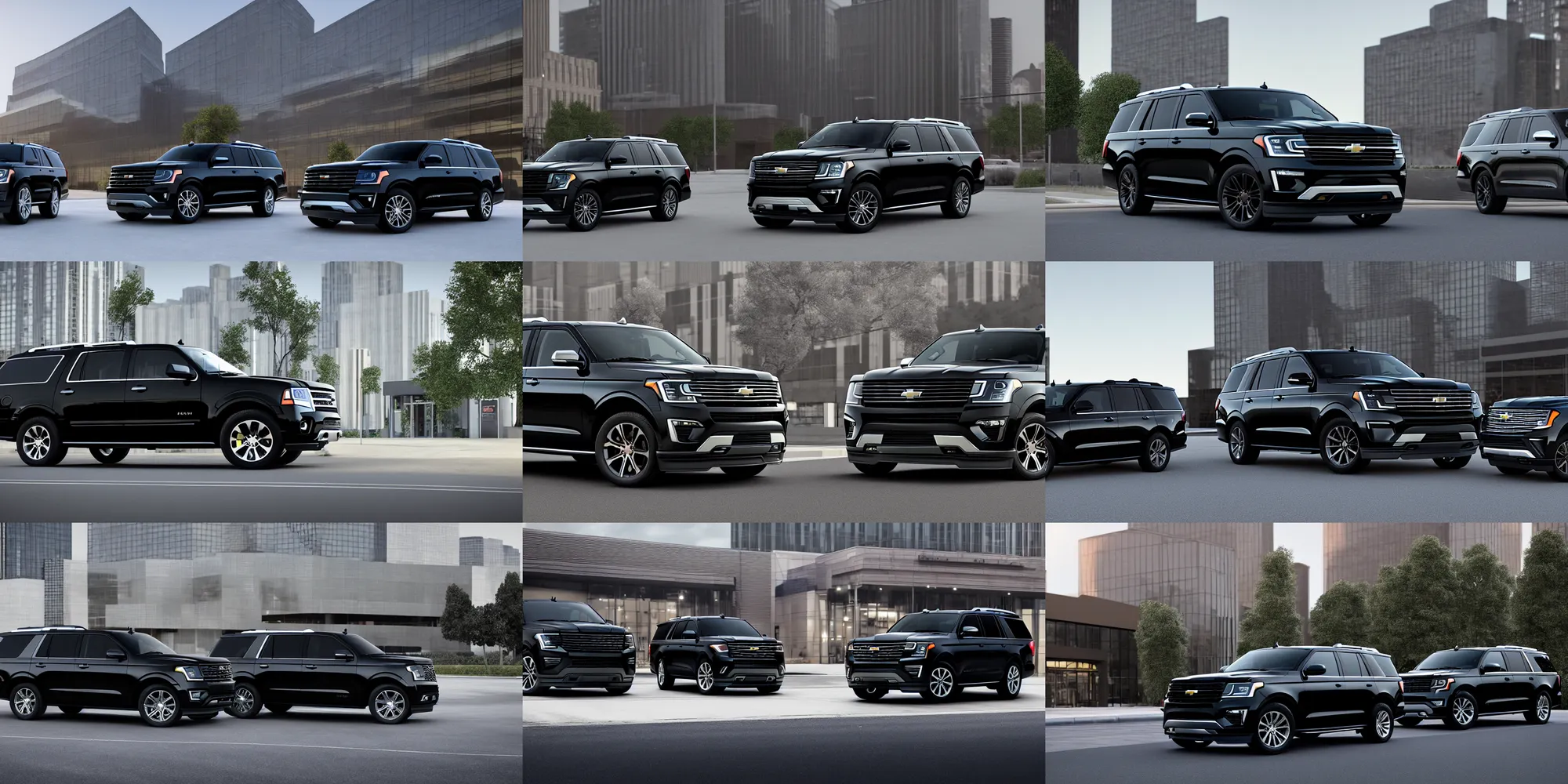 Image similar to a black suv inspired by a 2 0 2 2 chevrolet suburban and 2 0 2 2 ford expedition parked in front of an office building, a digital rendering by the family circus, trending on cg society, regionalism, ue 5, rendered in unreal engine, ultrafine detail