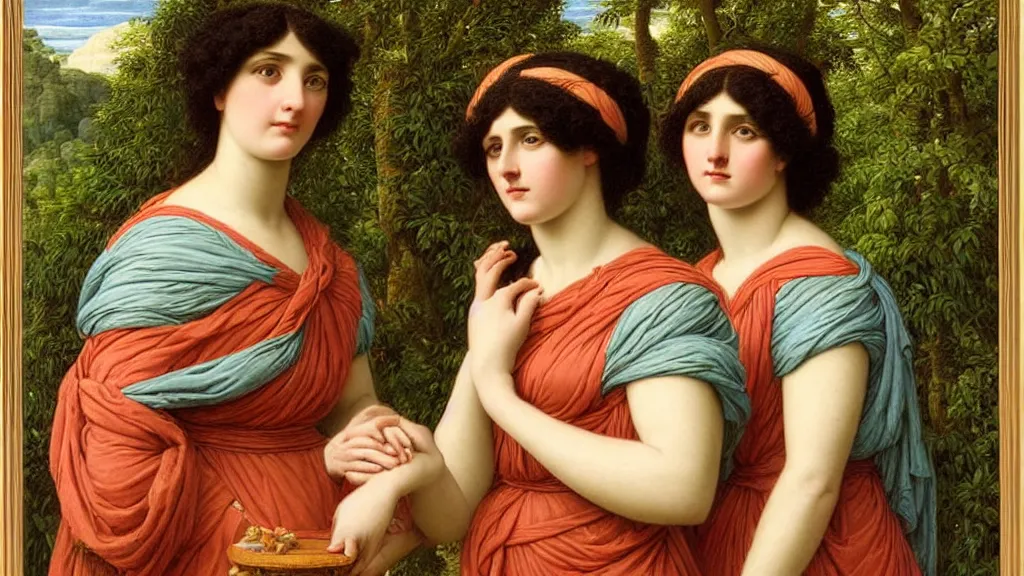 Prompt: portrait of two women surrounded by nature, in the style of john william godward, intricate details, high detail, super - flat, art nouveau, face symmetry, masterpiece, sharp focus