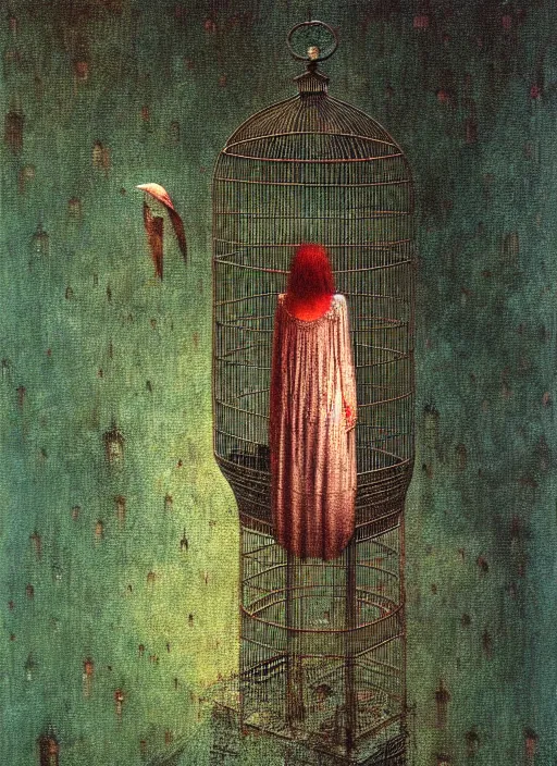 Image similar to girl inside birdcage by Beksinski