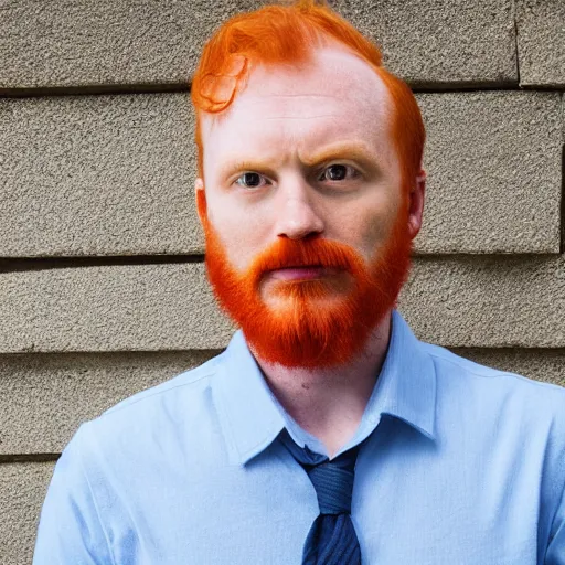 Image similar to photograph of a ginger male, middle aged balding superhero