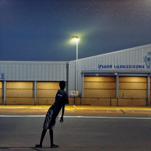 Image similar to young lanky Florida warehouse worker laying on the ground in the middle of a parking lot outside a logistics building, he is exhausted from work and staring into the night sky, realisitc photo, cinematic f/1.8 lens