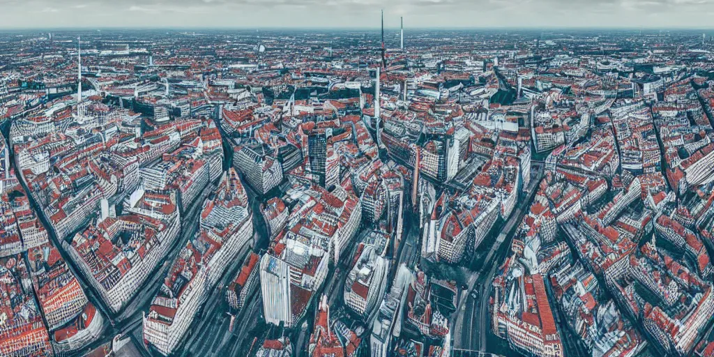 Prompt: drone view of a Germany Berlin city with a large road through, Brutalist architecture,Cyberpunk,sharp focus,telephoto lens,3D digital art 4k