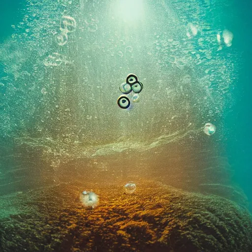 Image similar to deep underwater photo with nothing but water and bubbles and a tiny cyborg in the center. Cinematic post-processing. Award winning