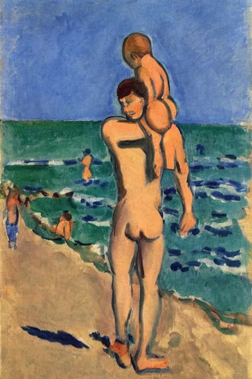 Image similar to a man holding his child over his shoulders walking near the beach, paiting by matisse, masterpiece