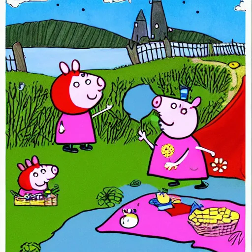 Prompt: Peppa Pig meets the moonmins at last. Peppa Pig and the Moomins eat a picnic in front of the sea. Beautiful drawing