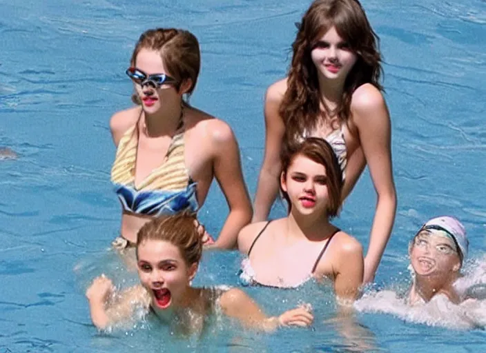 Image similar to emma watson and taylor swift and selena gomez swim together. perfect faces.