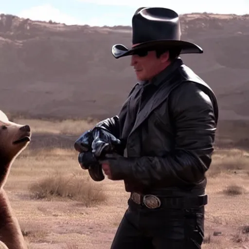 Image similar to a terminator android dressed as a cowboy while mounting a bear, 8 k, movie still, high detail, hyperrealistic