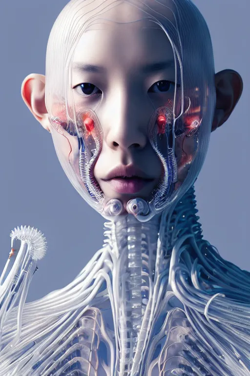 Prompt: beautiful young asian woman, iris van herpen, perfect symmetrical body, full body shot, inflateble shapes, wires, tubes, veins, jellyfish, white biomechanical details, wearing epic bionic cyborg implants, masterpiece, intricate, biopunk, vogue, highly detailed, artstation, concept art, cyberpunk, octane render