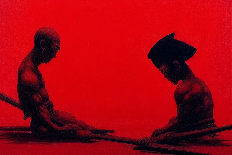 Image similar to only with red, a red samurai do seppuku, tokio, a lot of frogs watch, in the style of beksinski, parts by edward hopper, parts by rodcenko, parts by yue minjun, intricate and epic composition, red by caravaggio, insanely quality, highly detailed, masterpiece, red light, artstation, 4 k