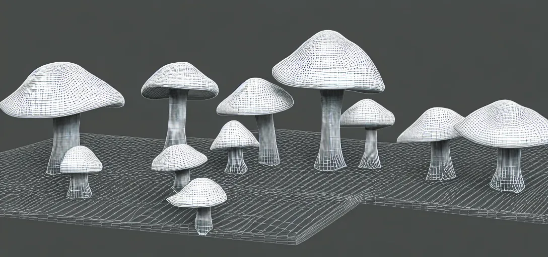 Image similar to 3 d study of a bunch of mushrooms in the forest, wireframe, detailed, octane