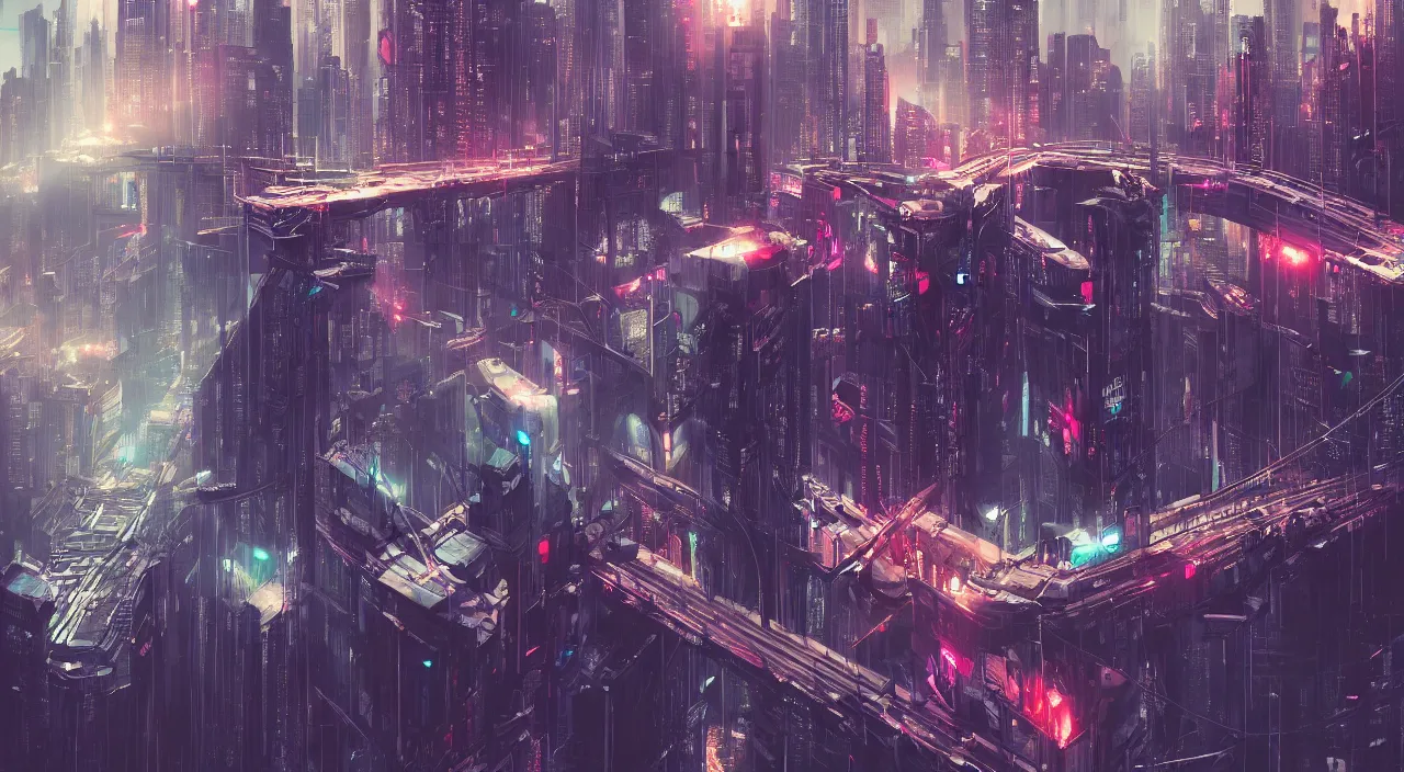 Image similar to a man standing on top of a bridge over a city, cyberpunk art by Vincent Lefevre, behance contest winner, altermodern, cityscape, synthwave, matte painting