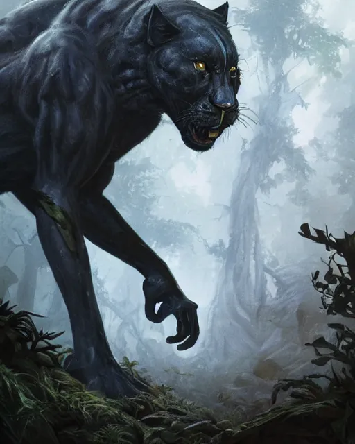 Image similar to Panther warrior in armor sneaking in jungle, portrait, dark fur, glowing eyes, magic the gathering artwork, D&D, fantasy, cinematic lighting, centered, symmetrical, highly detailed, digital painting, artstation, concept art, smooth, sharp focus, illustration, volumetric lighting, epic Composition, 8k, art by Akihiko Yoshida and Greg Rutkowski and Craig Mullins, oil painting, cgsociety