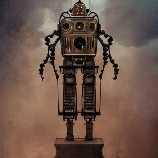 Prompt: portrait of a sad steampunk robot crying matte painting fantasy background
