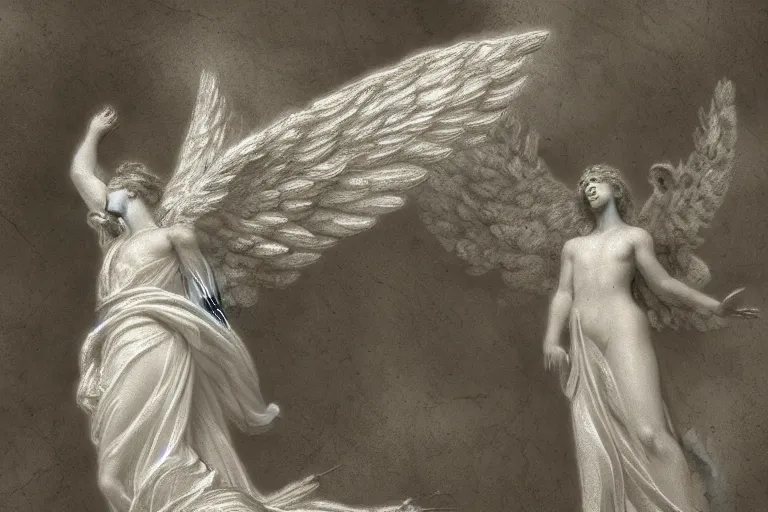 Prompt: a white angel with feathered wings open, digital art in the style of gustave dore, 4k