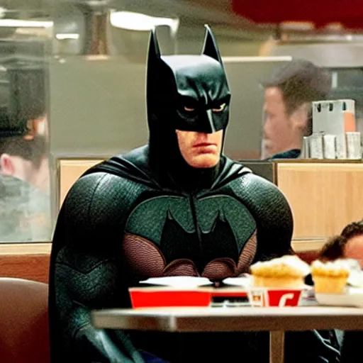 Image similar to Hyper-realistic photo of Ben Affleck's Batman eating at KFC. Extremely detailed. Beautiful. 4K. Award-winning