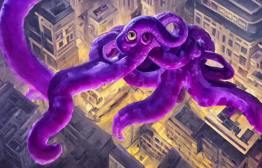 Image similar to aerial!!!! view looking down on a giant purple octopus monster moving through!!! buildings in a dark, dim, detailed city, extremely detailed!!! oil painting, dull palette, dramatic lighting, trending on artstation