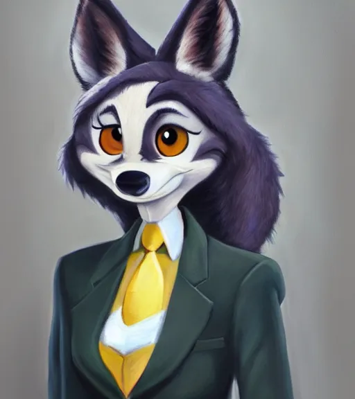 Image similar to oil painting of anthromorphic furry female wolf, in style of zootopia, female fursona, furry, furaffinity, 4 k, deviantart, furry art, fursona art, wearing black business suit, business suit, wolf fursona, female, tired expression,