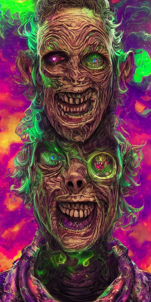 Prompt: insane cosmic man with spiral eyes, grinning, with crazy psychedelic background, coherent detailed character design, weirdcore voidpunk digital art cgsociety, trending on deviantart, like art, intricate details, ultra 8 k, noise, 3 d render, volumetric lighting