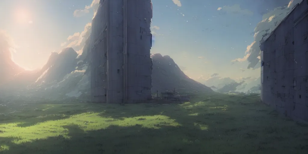 Prompt: realistic building, monster, wide landscape, eva, war, art by makoto shinkai