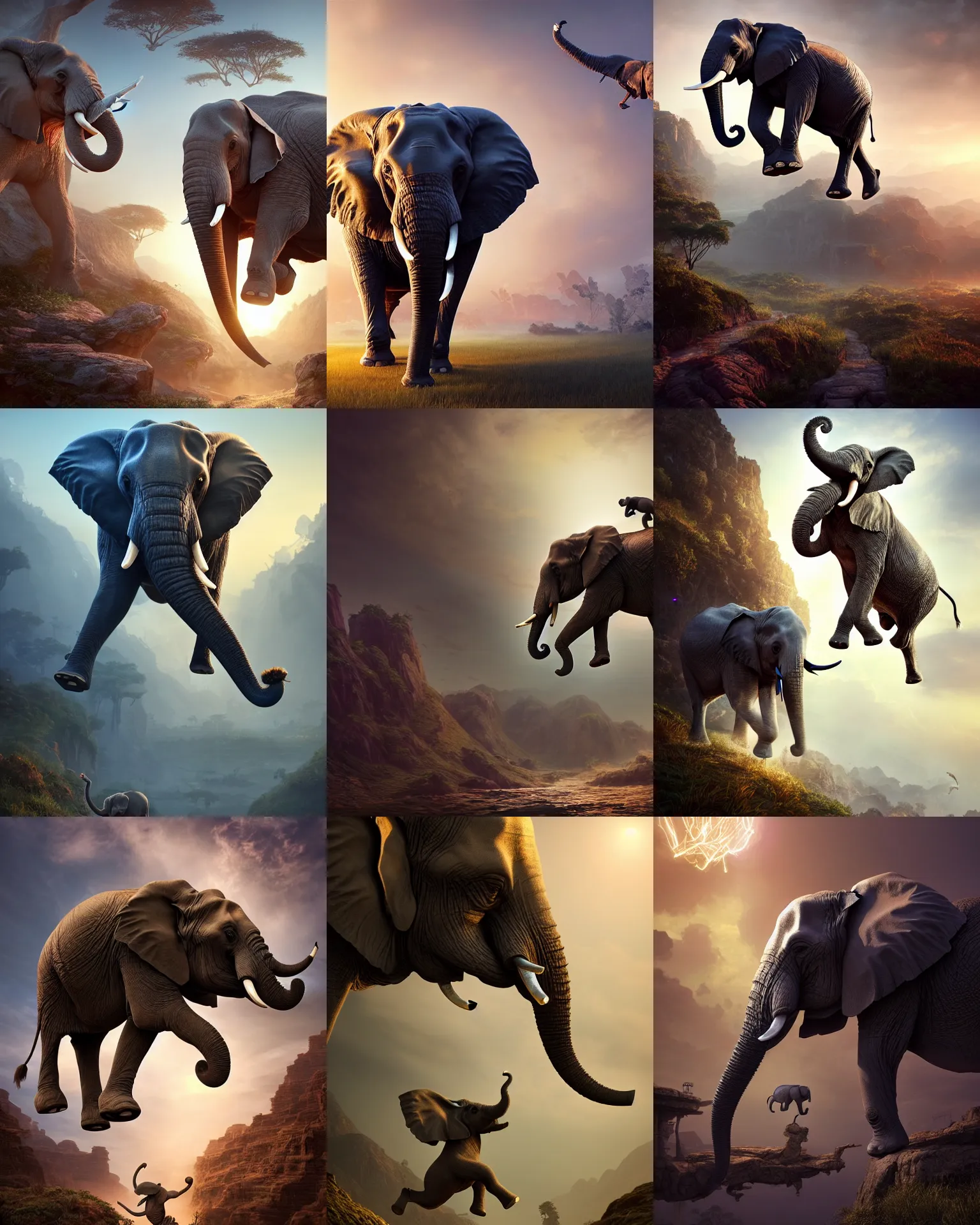 Prompt: elephant running in the air, fantasy, intricate, epic lighting, cinematic composition, hyper realistic, 8 k resolution, unreal engine 5, by artgerm, tooth wu, dan mumford, beeple, wlop, rossdraws, james jean, marc simonetti, artstation