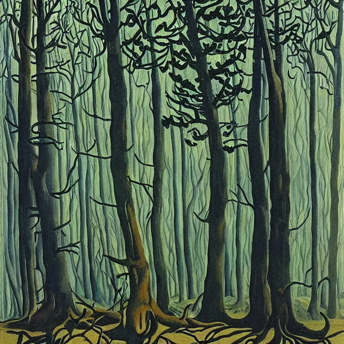 Image similar to charles burchfield art painting, beautiful arboreal forest by Adriaan Herman Gouwe