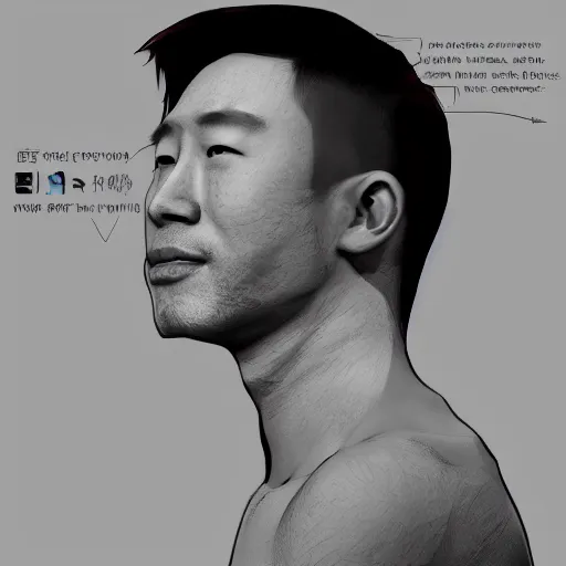 Prompt: of male portrait. creative. asian, inquisitive, sarcastic. contrary. big. high details, photorealistic. artstation trending.